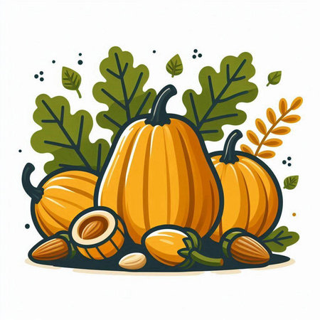 Autumn pumpkins and leaves on white background. Vector illustration.のイラスト素材