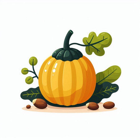 Pumpkin vector illustration isolated on white background. Cute cartoon pumpkin with leaves.のイラスト素材