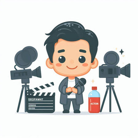 Cute cartoon boy with movie clapper and camera. Vector illustration.のイラスト素材