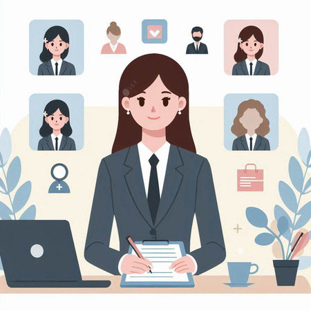Business woman with laptop and social media icons. Vector illustration in flat styleのイラスト素材