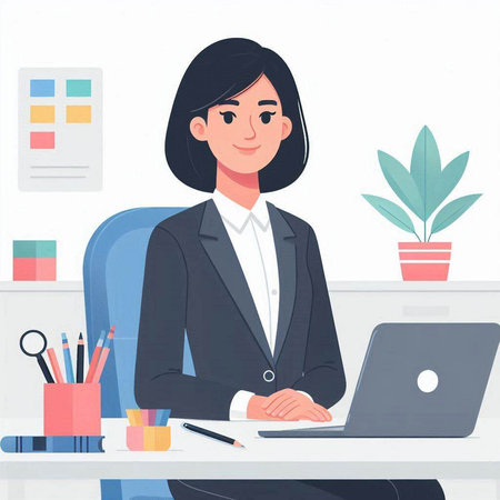 Businesswoman working with laptop in office. Vector illustration in flat styleのイラスト素材