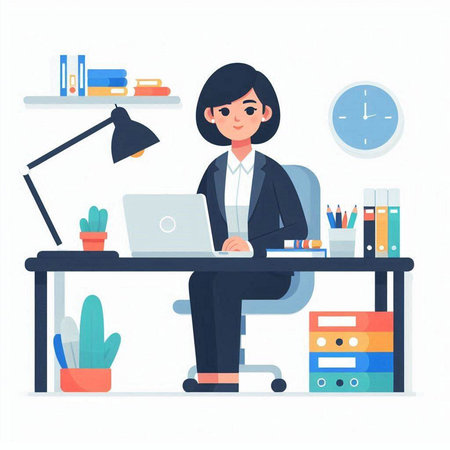 Businesswoman sitting at desk with laptop. Vector illustration in flat styleのイラスト素材