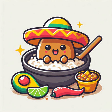 Cute cartoon rice dumpling with sombrero. Vector illustration.のイラスト素材