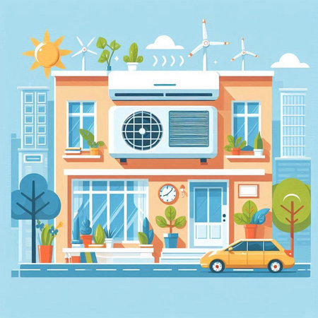 House with air conditioning and solar panels. Vector illustration in flat styleのイラスト素材