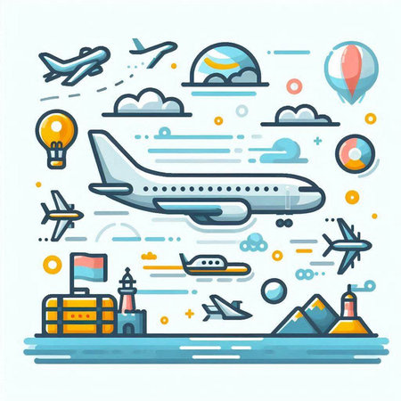 Vector line art flat design illustration of air travel, vacation and journey concept.のイラスト素材