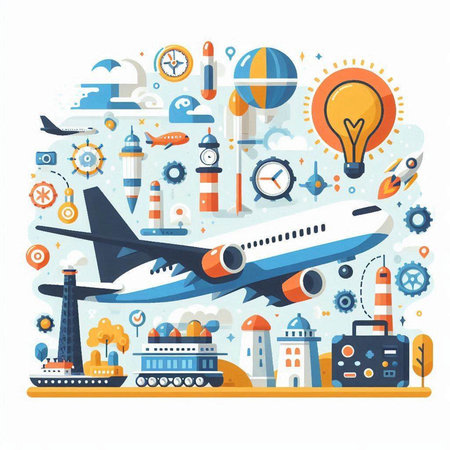 Vector illustration of air travel and vacation. Airplane, airplane, ship, lighthouse, cruise ship, lighthouse, ship, lighthouse, ship, lighthouse, gas station.のイラスト素材