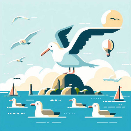 Seagulls on the seashore. Vector illustration.のイラスト素材