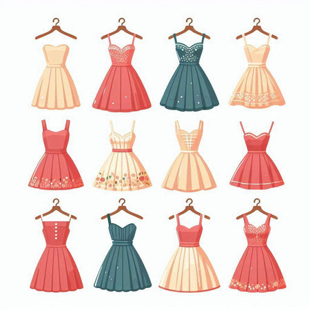 Set of colorful dresses on hanger isolated on white background. Vector illustration.のイラスト素材