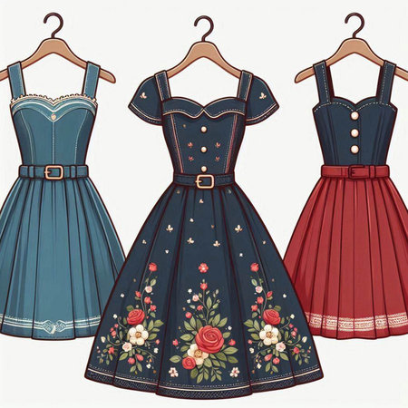 Three dresses with floral pattern on a hanger. Vector illustration.のイラスト素材