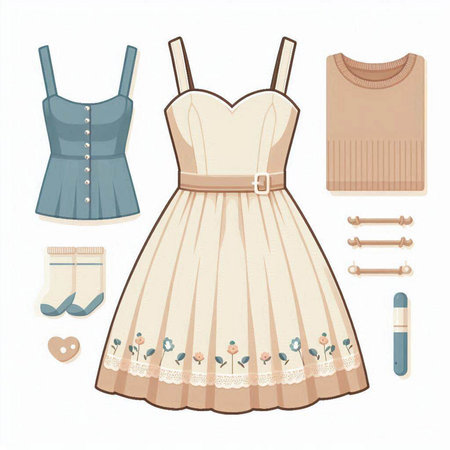 Women's clothing. Set of clothes and accessories. Vector illustration.のイラスト素材