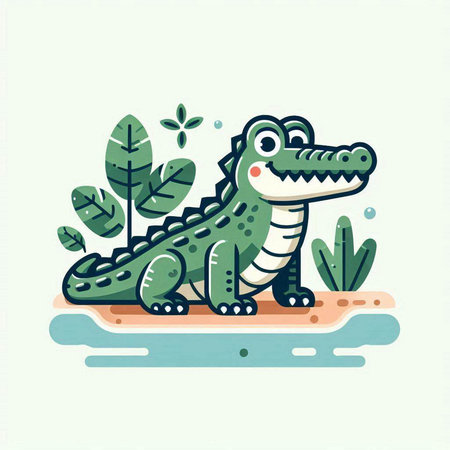 Cute crocodile in the jungle. Vector illustration in flat styleのイラスト素材