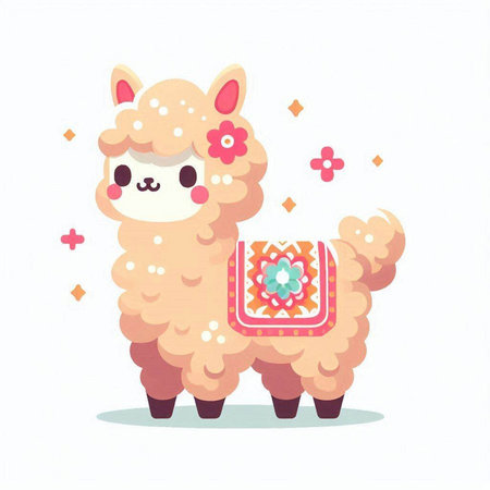 Cute alpaca with flowers and hearts. Vector illustration.のイラスト素材