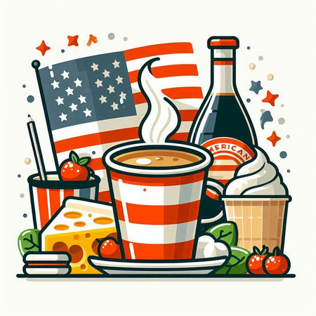 American flag with food and drink. Vector illustration in flat style.のイラスト素材