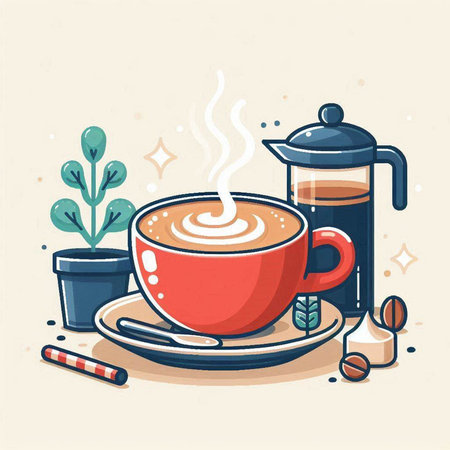 Coffee cup with coffee beans and kettle. Vector illustration.のイラスト素材