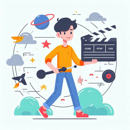Cinema concept. Young man with movie clapper. Flat style vector illustration.のイラスト素材