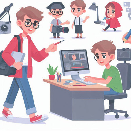 Vector illustration of a school boy and girl in front of the computer.のイラスト素材