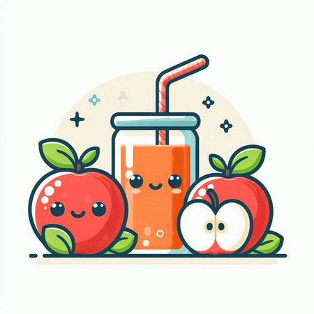 Cute apple juice in a glass with a straw. Vector illustration.のイラスト素材