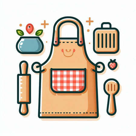 Cute cartoon illustration of apron with kitchen utensils.のイラスト素材