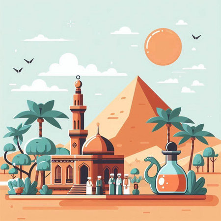 Egypt travel concept. Vector illustration in flat style. Landscape with pyramids, palm trees, lanterns, sun and mosque.のイラスト素材