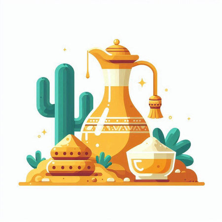 Vector illustration of teapot and clay pot with salt, cacti and saguaroのイラスト素材