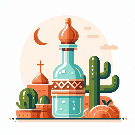 Vector illustration with cactus, tequila bottle and cacti. Mexican culture concept.のイラスト素材