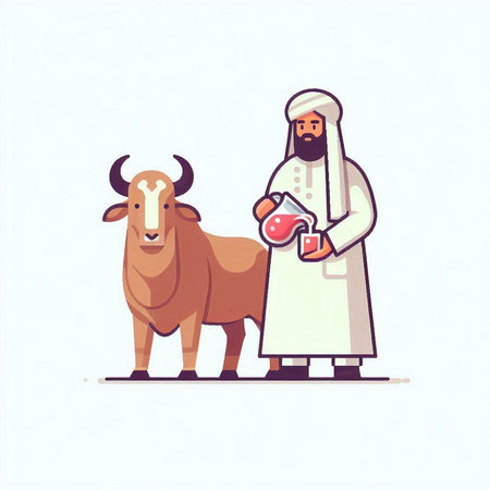 Arabic man and cow. Vector illustration in flat cartoon style.のイラスト素材