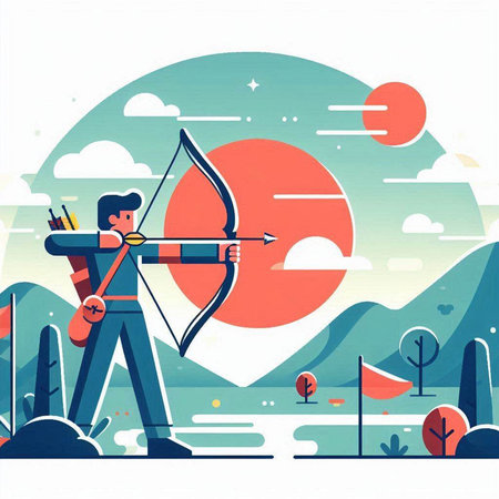 Vector illustration of archer with bow and arrow in the landscape.のイラスト素材