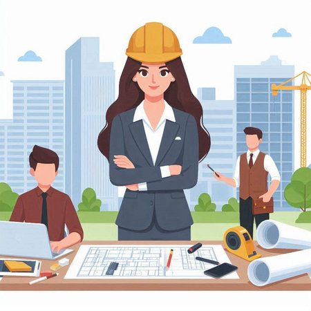 Architect woman on construction site. Vector illustration in flat cartoon styleのイラスト素材
