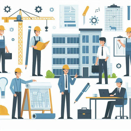 Architects and engineers working at construction site. Building, engineer, architect, engineer, engineer, architect, engineer, architect, builder, engineer, engineer, architect, engineer. Vector illustrationのイラスト素材