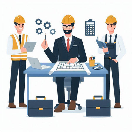 Architects and engineers working at construction site. Vector illustration.のイラスト素材