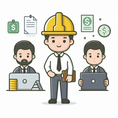 Businessman and engineer with safety helmet and laptop. Vector illustration.のイラスト素材