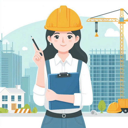Female construction engineer in yellow helmet with clipboard. Vector illustration in flat styleのイラスト素材
