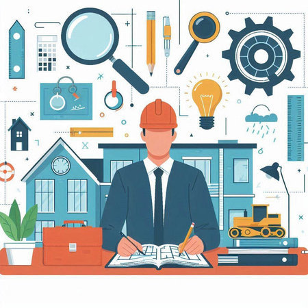 Architect working at the office. Architectural project. Vector illustrationのイラスト素材