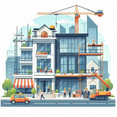 Construction of a multi-storey building. Flat style vector illustration.のイラスト素材