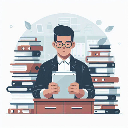Businessman working on tablet computer in office. Vector illustration in flat styleのイラスト素材