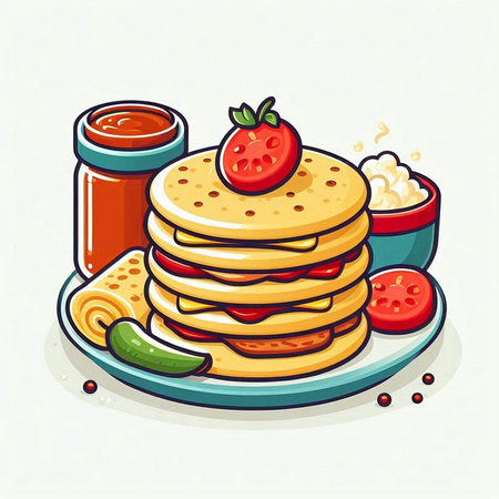 Pancakes with strawberry and ketchup on plate. Vector illustration.のイラスト素材
