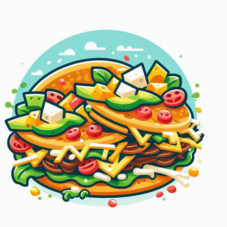 Vector illustration of pizza with cheese, tomato, cucumber, olives and salami.のイラスト素材