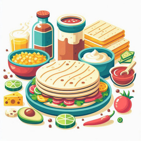 Mexican food vector illustration. Cheeseburger, tacos, burritos, salsa, guacamole, tortilla, guacamoleのイラスト素材