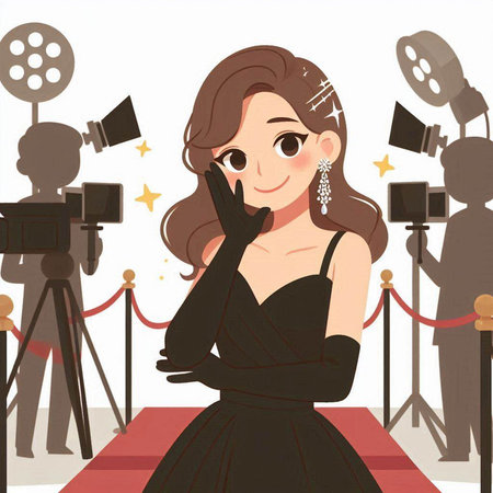 Illustration of a beautiful girl in a black dress on the red carpetのイラスト素材