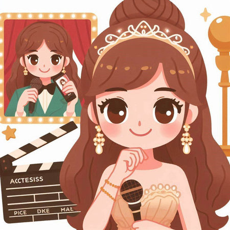 Cute girl singing in front of a clapperboard. Vector illustration.のイラスト素材