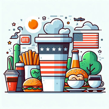 Coffee cup with american flag and fast food. Vector illustrationのイラスト素材