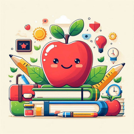 Back to school vector illustration. Cute apple on stack of books.のイラスト素材