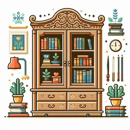 Vector illustration of a vintage bookshelf with books and decorations.のイラスト素材