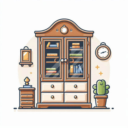 Cupboard with books and clock. Vector illustration in cartoon styleのイラスト素材