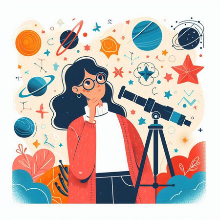 Vector illustration of a girl in glasses and a red jacket looks at the universe.のイラスト素材