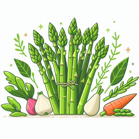 Green asparagus, garlic, onion, carrot and pepper. Vector illustration.のイラスト素材