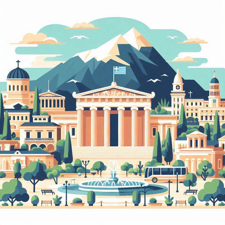 Vector illustration of Athens cityscape with famous buildings and landmarks, Greeceのイラスト素材
