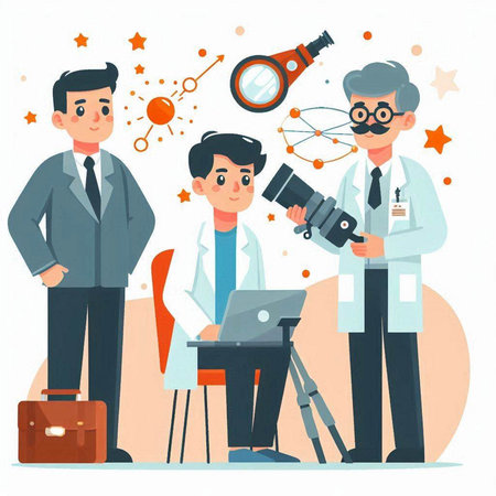 Scientist team. Vector illustration in flat style. Man and woman in lab coat with microscope, microscope, magnifying glass, magnifying glass.のイラスト素材