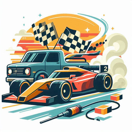 Racing car on the road with checkered flag. Vector illustration.のイラスト素材