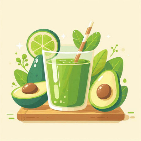 Avocado smoothie in a glass with lime and leaves. Vector illustration.のイラスト素材